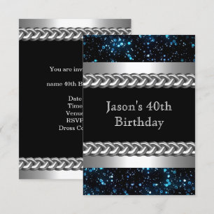 Invitación Imagen de cumpleaños de hombre azul metal cromo pl