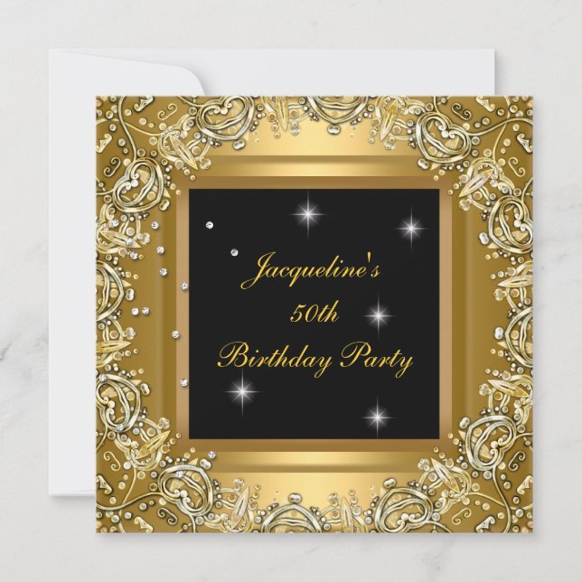 Invitación Imagen de cumpleaños elegante con marco de oro neg (Anverso)