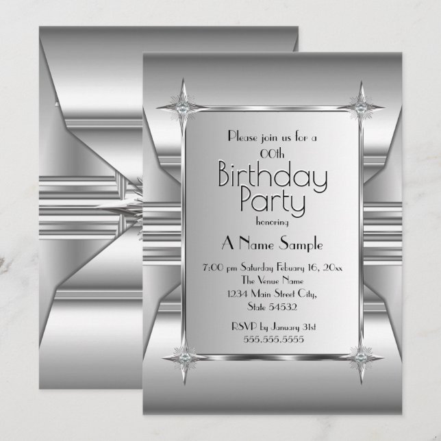 Invitación Imagen de Deco Plateado Cromo Metal Fiesta de Cump (Anverso / Reverso)