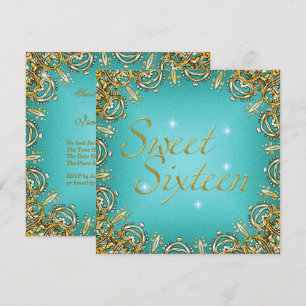 Invitación Imagen de Dulces Dieciséis en dorado y azul turque