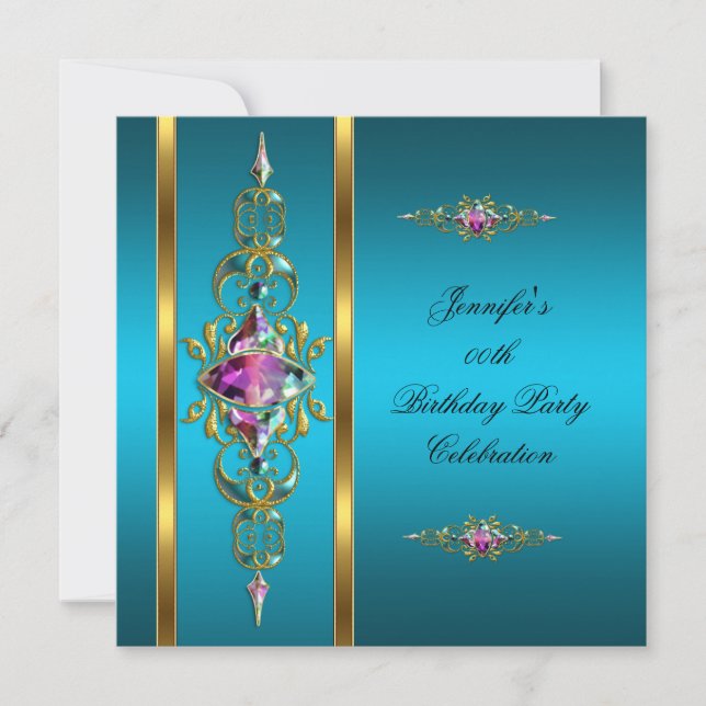 Invitación Imagen de fiesta de cumpleaños dorado azul turques (Anverso)