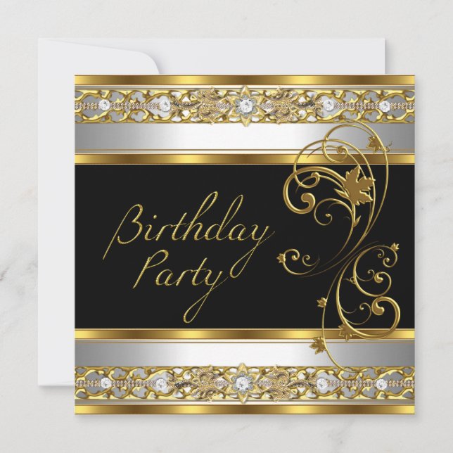 Invitación Imagen de fiesta de cumpleaños ornamentada en negr (Anverso)