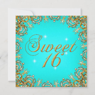 Invitación Imagen de fiesta Sweet Sixteen dorada y azul turqu