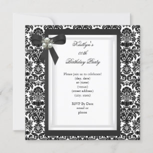 Invitación Imagen de joya de damasco negro y blanco con perla