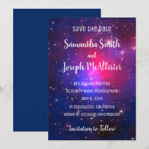 Invitación Imagen espacial azul rosa y morado para guardar la