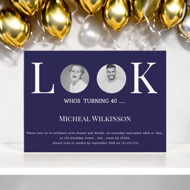 Invitación imagen moderna cuyo 40 cumpleaños azul marino (40th birthday,40th birthday party,adult,photo,funny,elegant 40th birthday,simple 40th )