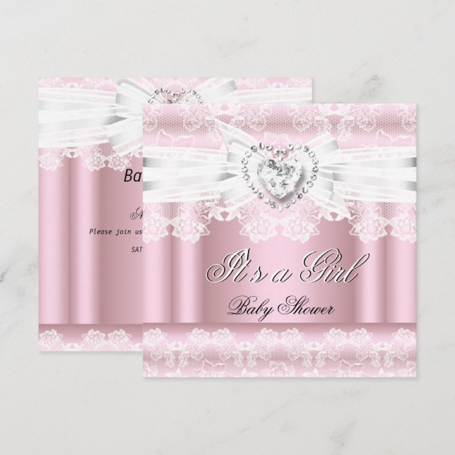 Invitación Imágenes de Shower de Bebé Rosado Blanco con Lazo  (Anverso / Reverso)