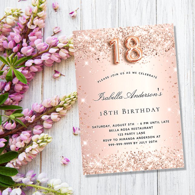 Invitación imán de rosa purpurina oro de 18 años (Subido por el creador)