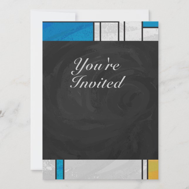 Invitación Impresión azul rosa amarillo mondriano (Anverso)