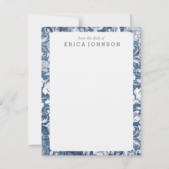 Invitación Impresión chic de la Marina y Denim Blanco Damask  (Anverso)