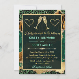 Invitación Impresión de Animal de Jungla Verde Brillo de Oro 