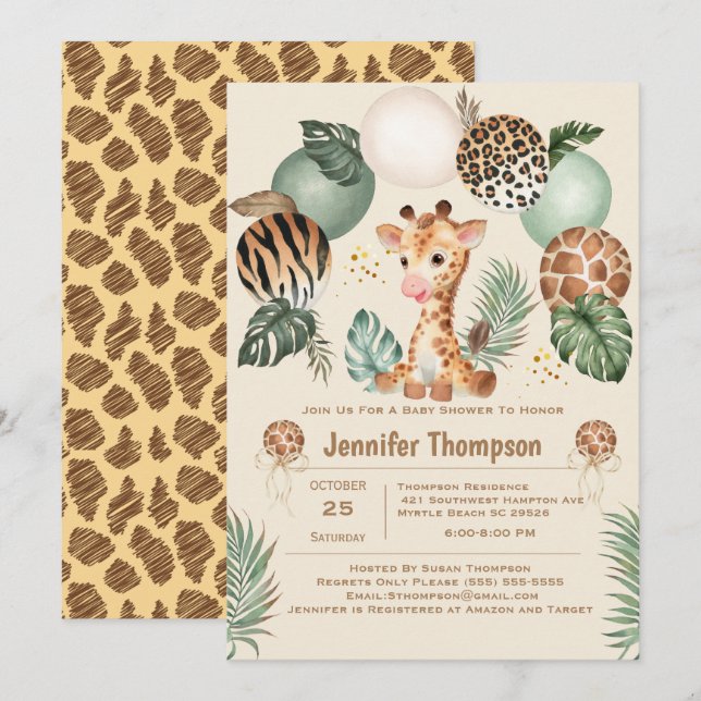 Invitación Impresión de animal safari de jirafa bebé linda be (Anverso / Reverso)