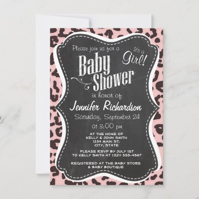 Invitación Impresión de animales de leopardo rosa para bebés; (Anverso)