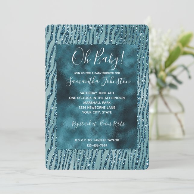 Invitación Impresión de cebra con brillo turquesa acuático (Anverso de pie)