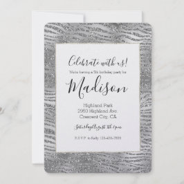 Invitación Impresión de cebra de glitz plateado