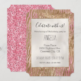 Invitación Impresión de cebra de oro de Purpurina rosado Girl