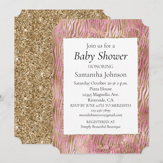 Invitación Impresión de cebra dorada rosada (Anverso / Reverso)