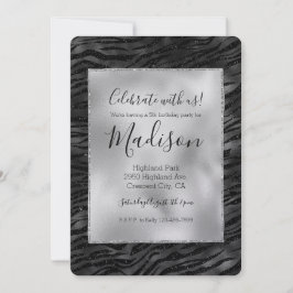 Invitación Impresión de cebra negra de rayas plateadas