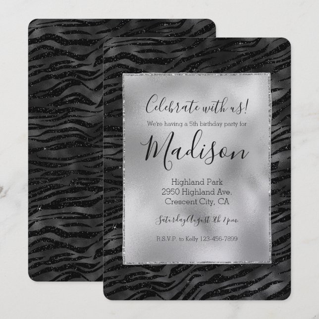 Invitación Impresión de cebra negra de rayas plateadas (Anverso / Reverso)