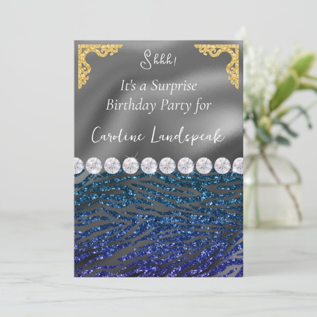Invitación Impresión de cebra violeta azul de cumpleaños de s (Anverso de pie)
