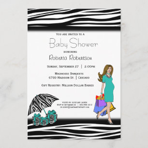Invitación Impresión de cebra y mami de compras Verde azulada