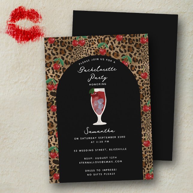 Invitación Impresión de cóctel de cereza de leopardo guepardo (Leopard Cheetah Print Cherry Cocktail Bachelorette Invitation)
