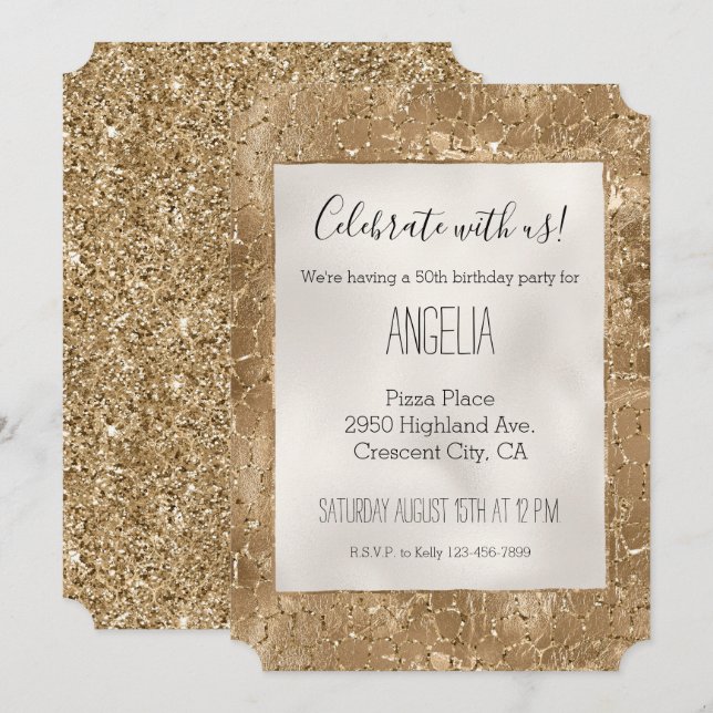 Invitación Impresión de Giraffe, Purpurina Glitzy Gold (Anverso / Reverso)