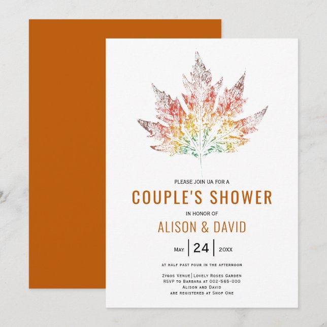 Invitación Impresión de hojas naranja otoño parejas de boda d (Anverso / Reverso)