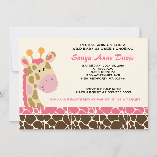 Invitación Impresión de jirafa de jungla (rosa) Baby Shower 5 (Anverso)