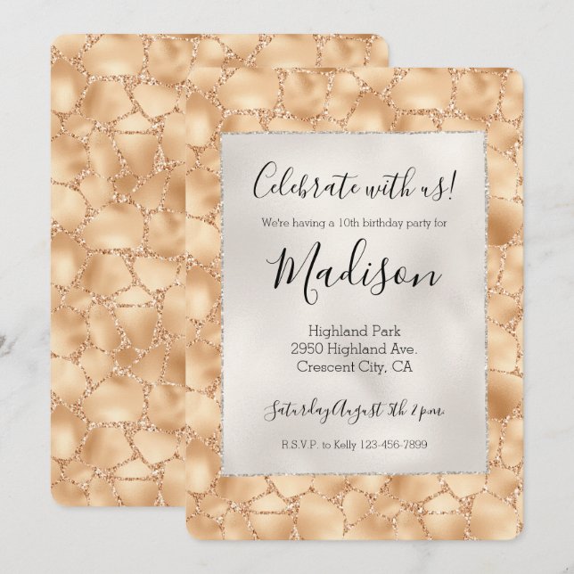 Invitación Impresión de la jirafa de Glam Sparkle, Purpurina  (Anverso / Reverso)