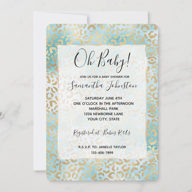 Invitación Impresión de leopardo blanco Aqua Gold (Anverso)
