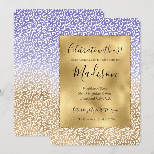 Invitación Impresión de leopardo con ombre de oro blanco mora (Anverso / Reverso)