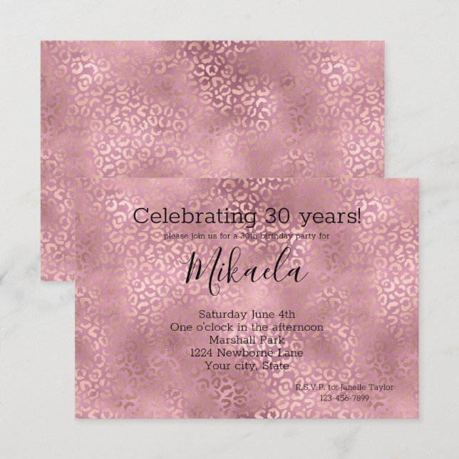 Invitación Impresión de Leopardo de Glam Rosa (Anverso / Reverso)