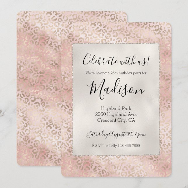 Invitación Impresión de Leopardo de Oro de Glam Rosa Girly Ru (Anverso / Reverso)