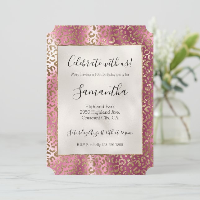 Invitación Impresión de leopardo de oro rosado de moda (Anverso de pie)