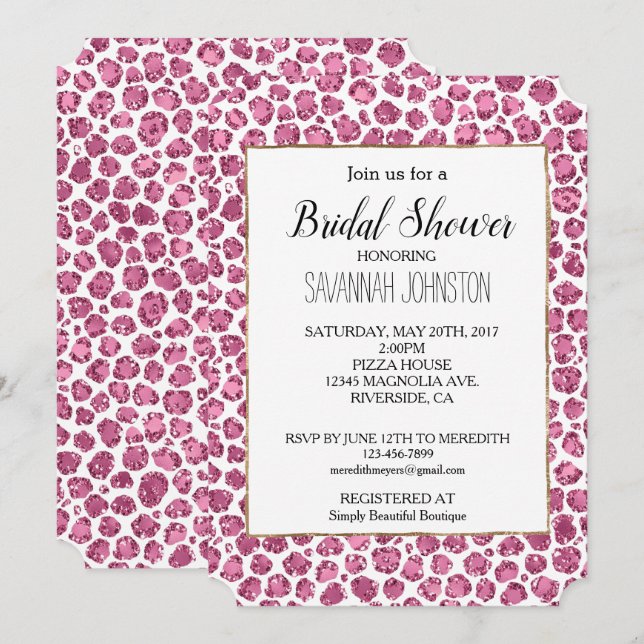 Invitación Impresión de leopardo de Purpurina de Glam Blanco  (Anverso / Reverso)