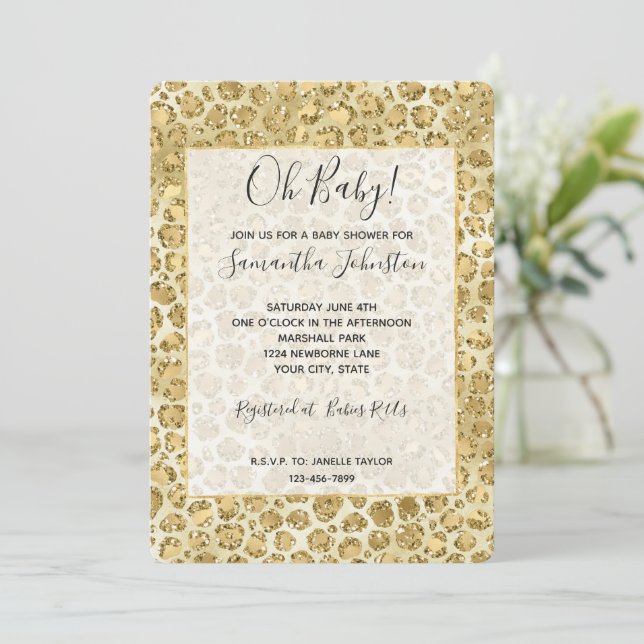 Invitación Impresión de leopardo del Purpurina Glitzy Glam Go (Anverso de pie)