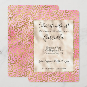 Invitación Impresión de leopardo dorado con acuarela rosa