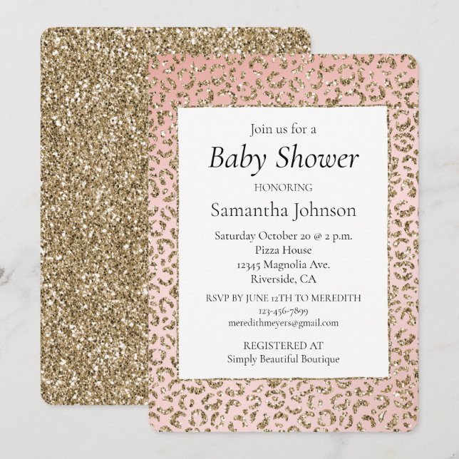 Invitación Impresión de leopardo dorado Purpurina rosado Rubo (Anverso / Reverso)