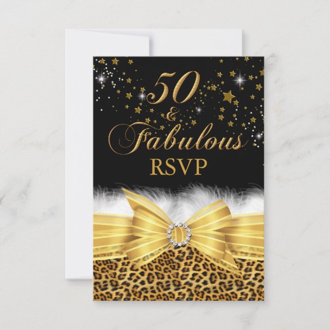 Invitación Impresión de leopardo dorado y Bow 50 y RSVP fabul (Anverso)