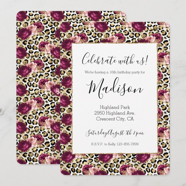 Invitación Impresión de Leopardo Floral Rosa Girly Gold (Anverso / Reverso)