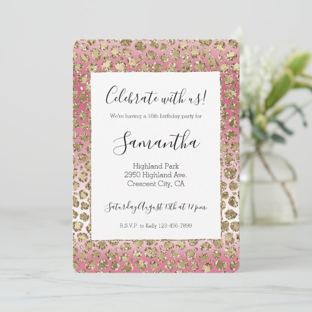Invitación Impresión de leopardo Glitz Purpurina Ombre Rosa   (Anverso de pie)