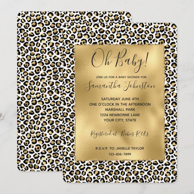 Invitación Impresión de Leopardo Negro de Glam de Oro (Anverso / Reverso)