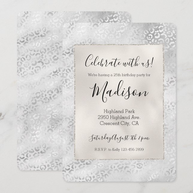 Invitación Impresión de leopardo plateado personalizada (Anverso / Reverso)