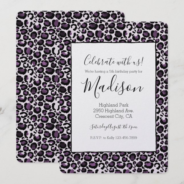 Invitación Impresión de leopardo púrpura negro (Anverso / Reverso)
