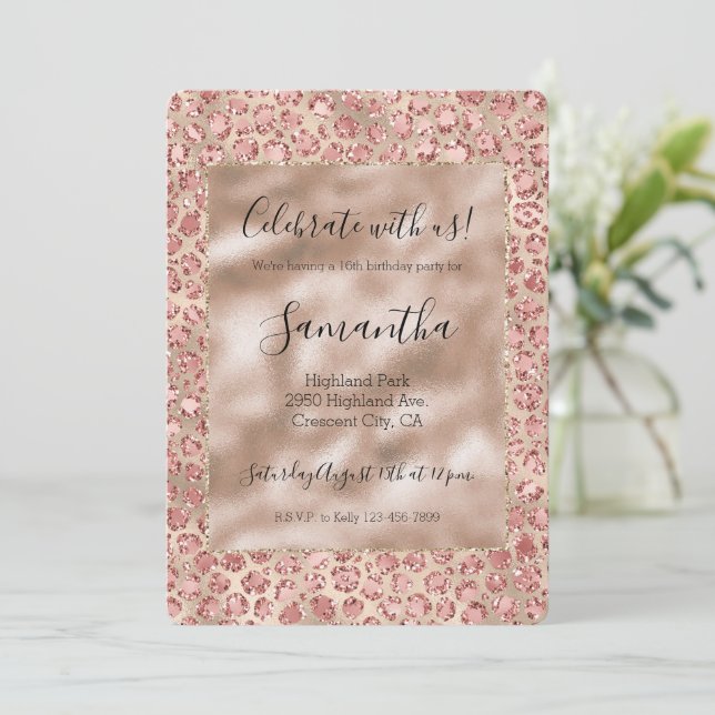 Invitación Impresión de leopardo rosa Purpurina Rubor Luxe Go (Anverso de pie)