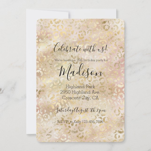 Invitación Impresión de leopardo rosa Rubor Rosa de oro Glam (Anverso)