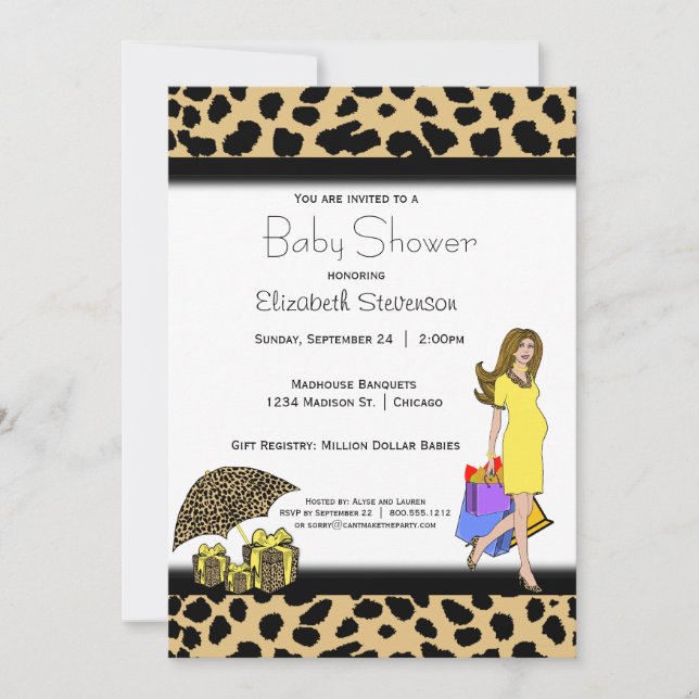Invitación Impresión de leopardo y mami de compras amarilla (Anverso)