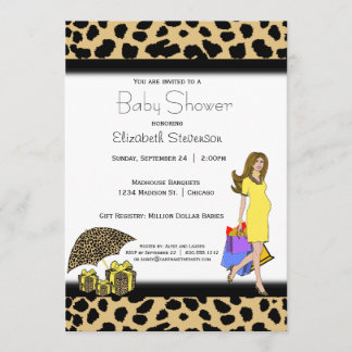 Invitación Impresión de leopardo y mami de compras amarilla