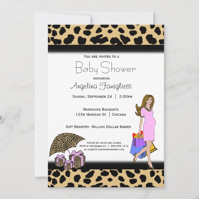 Invitación Impresión de leopardo y mami de compras rosa (Anverso)